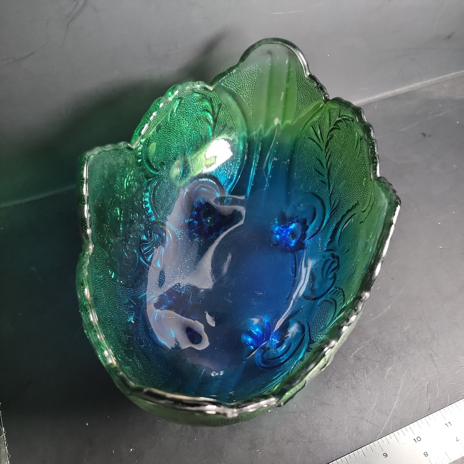 Vtg Jeanette Flashed Blue Green Lombardi Footed Fruit Bowl 10″ L x 5″ H x 7″ W