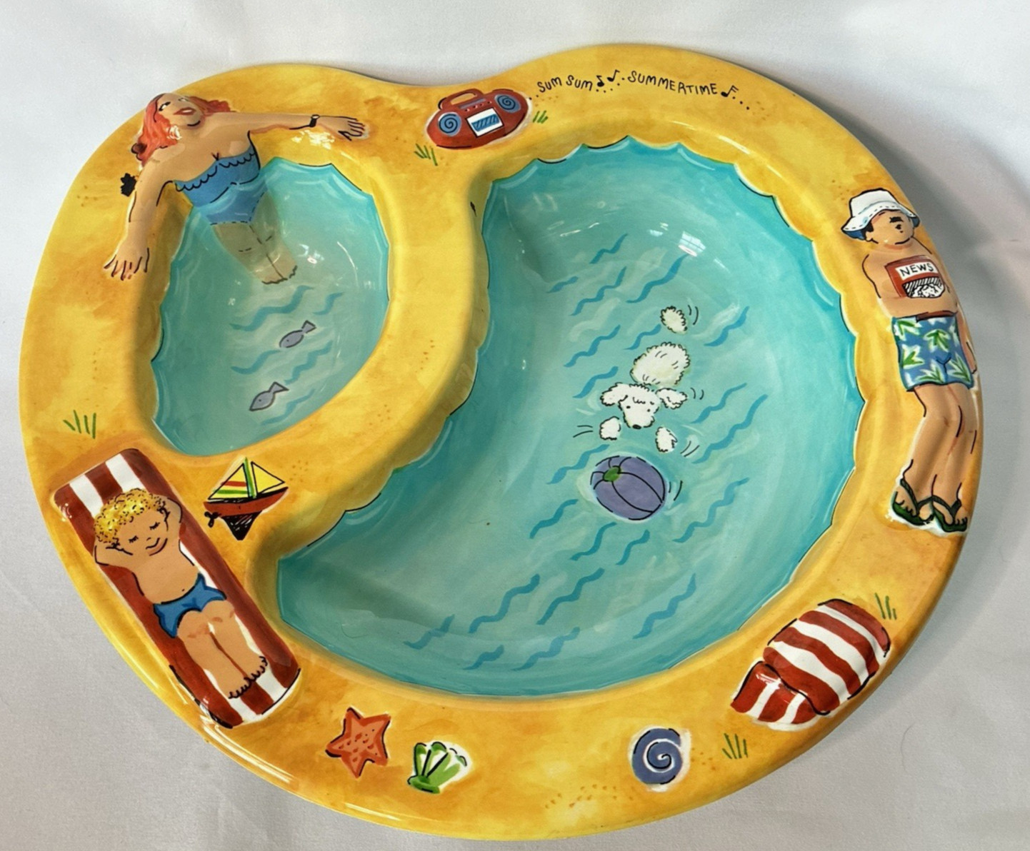 Vintage Sandy Beach Pool Party Chip And Dip Bowl Platter 3D Plastic 90s USA Made