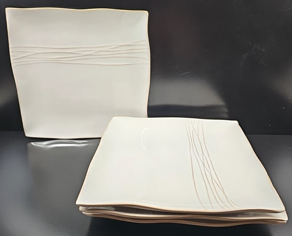 (4) Pier 1 Sakui Dinner Plates Set Square Emboss Elegant Dining Serving Dish Lot