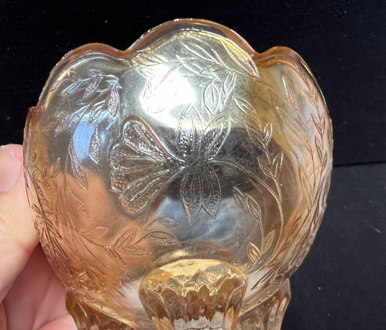 Vtg Jeanette Flora Amber Iridescent Carnival Glass Small Candy Dish bowl 4 feet