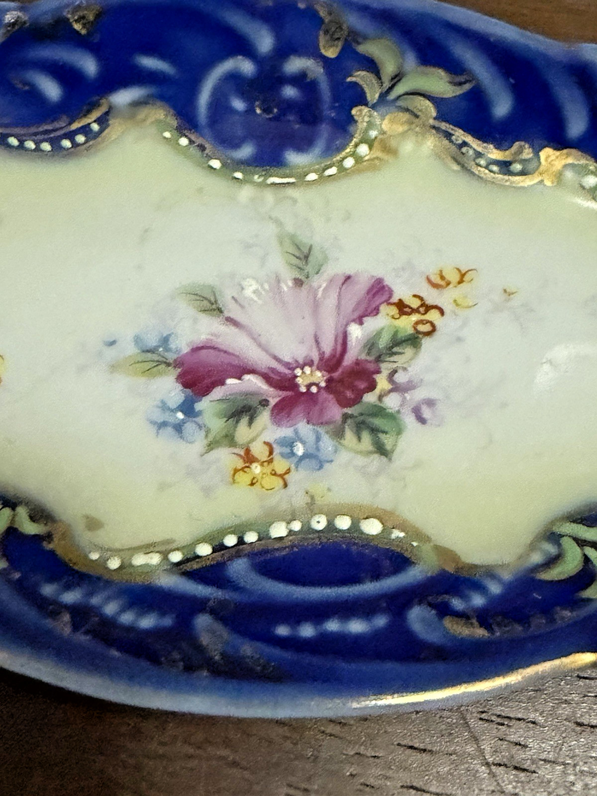 Antique Nippon Hand Painted Cobalt Blue Floral Relish Tray Gold 9″ C.1910’s