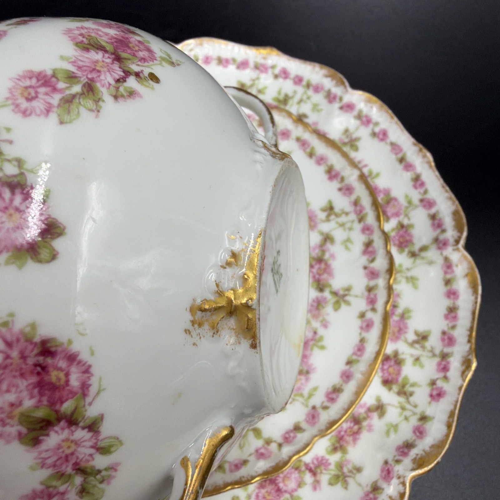 Gerard Dufraisseix Abbot LIMOGES Rose Garland Cup Saucer Plate 3 PC GDA88 France