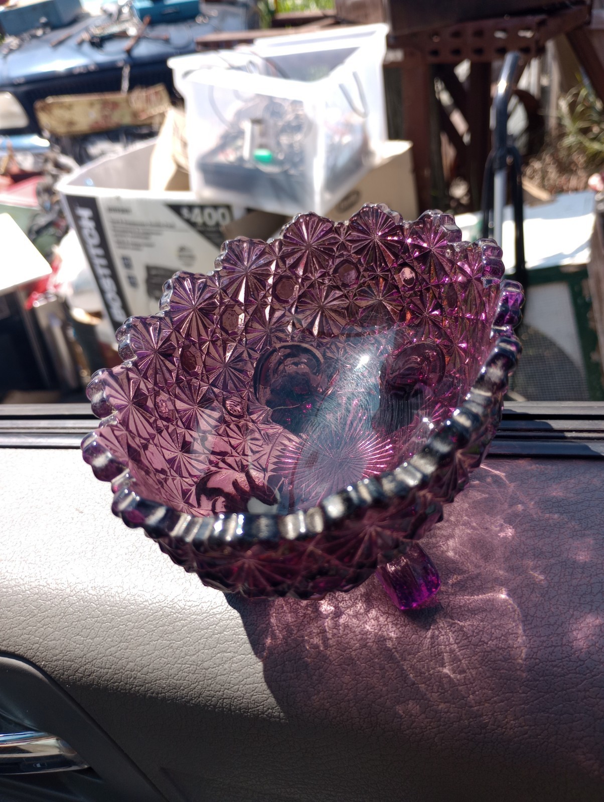 Vintage LG Wright Purple Amethyst Daisy And Button Footed Trinket Candy
