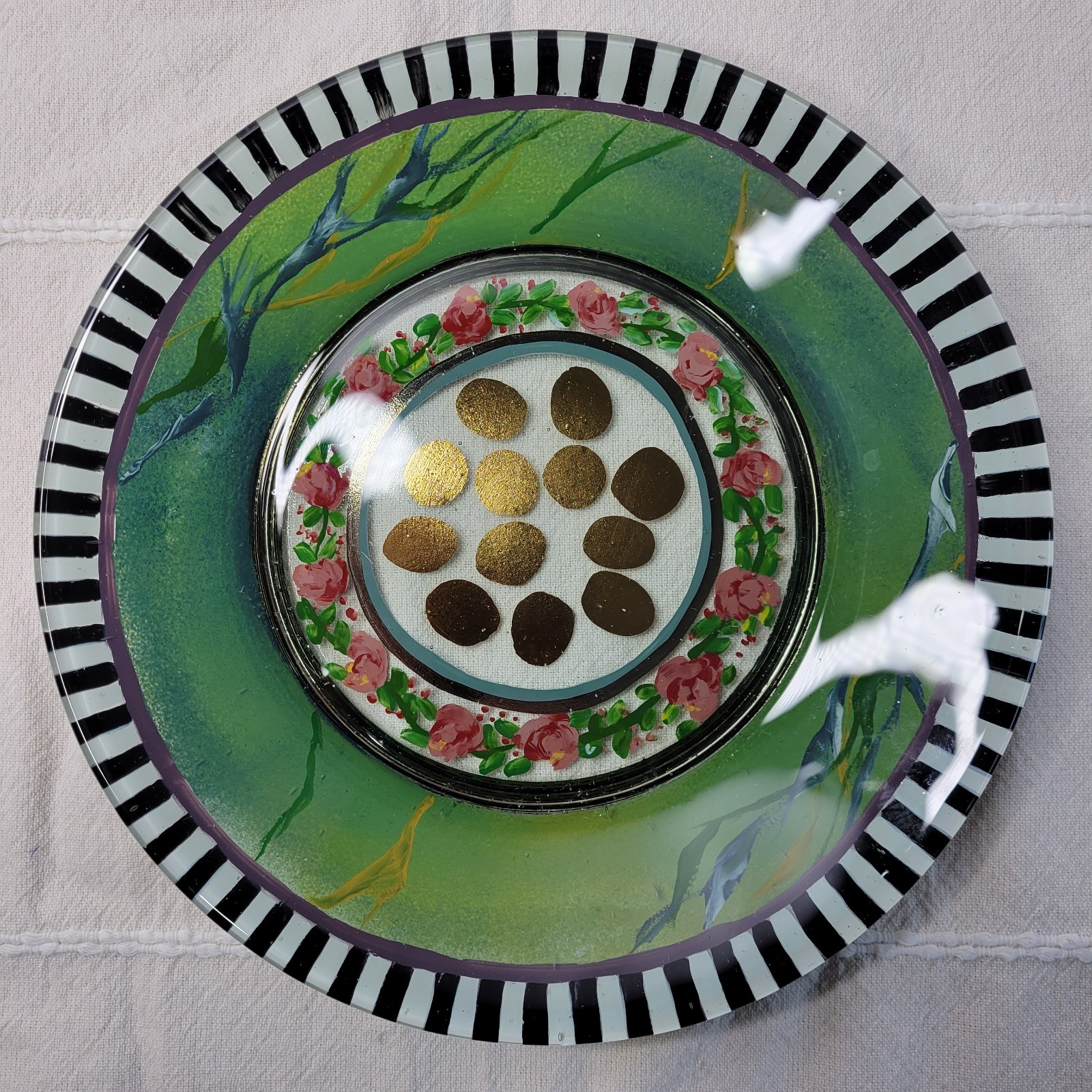 Early MacKenzie-Childs Plate Hand Painted Glass Salad 9″ Rose Garland Gold Dots