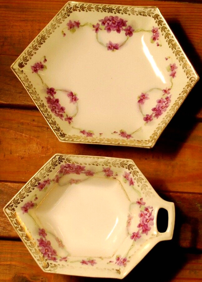 Set 2 HAND PAINTED VIOLETS Antique Prussia Hexagonal Porcelain CANDY Dishes