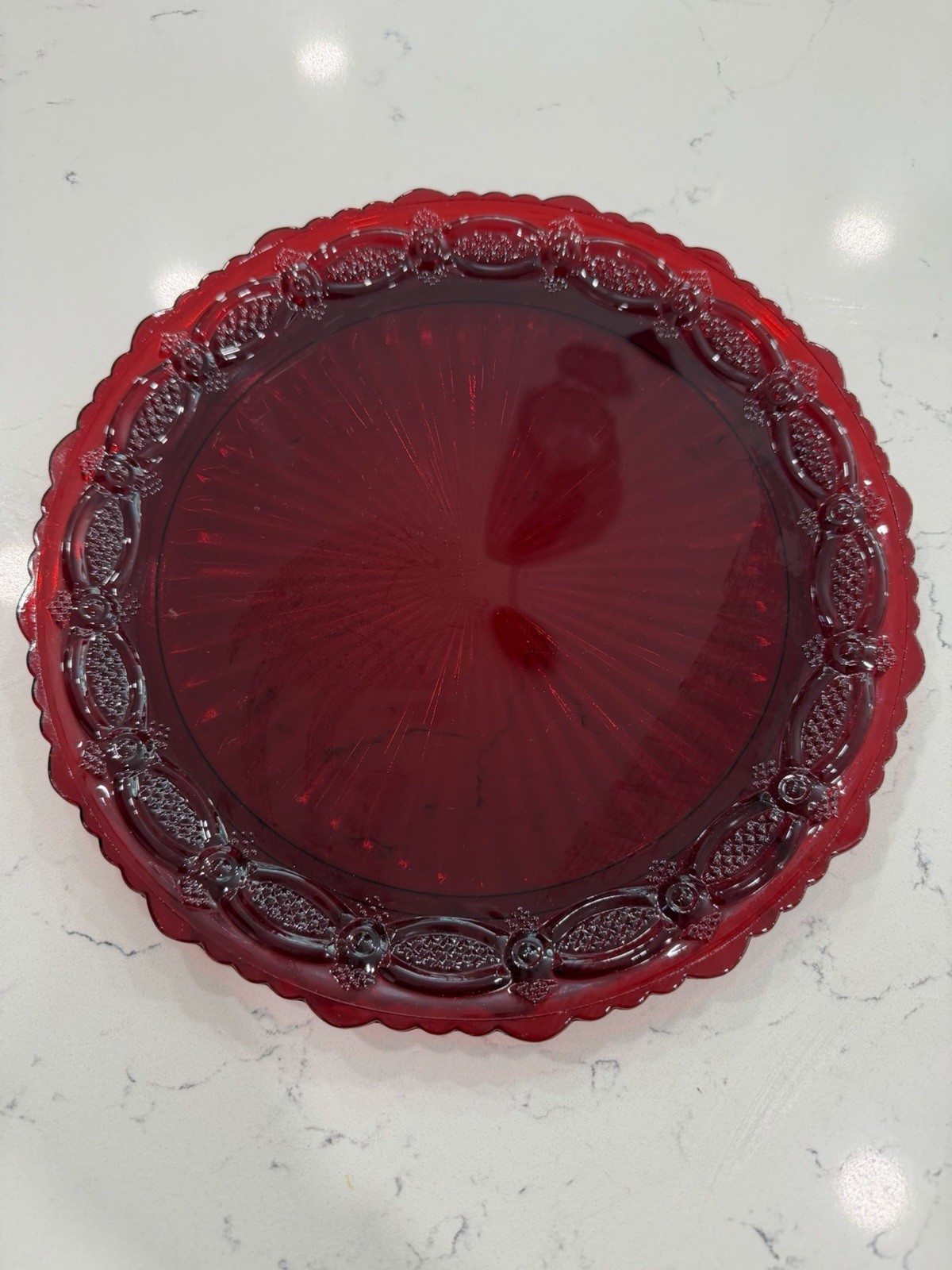 Vintage Avon Ruby Red Glass Serving Plate 10” Scalloped Border Decor