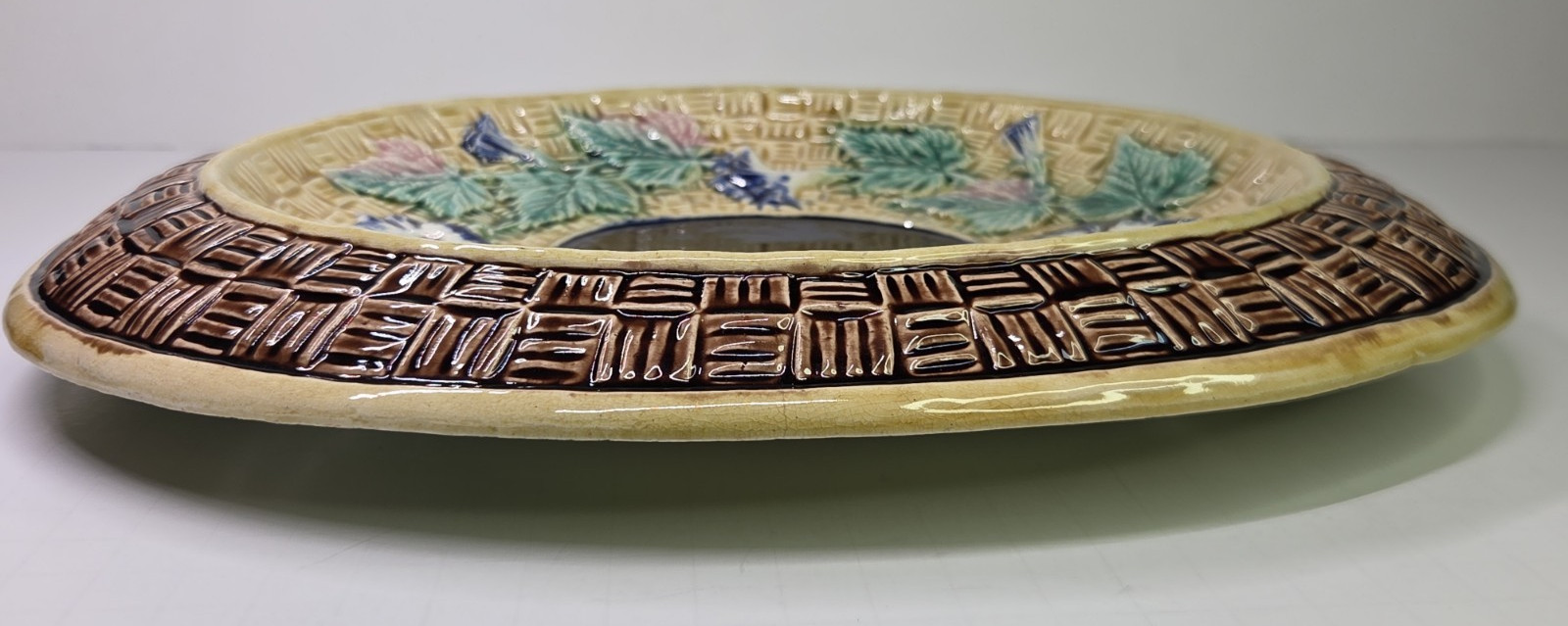 Antique Oval Majolica Basket Weave Footed Platter Floral Bread Bowl Cobalt 12¾”