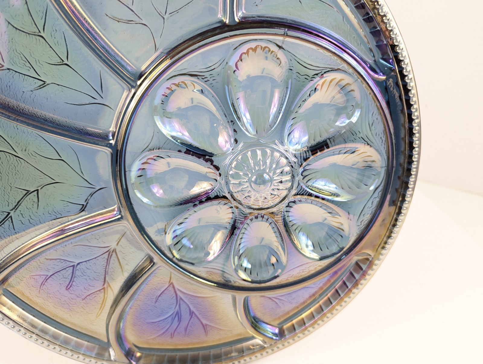 Vintage Indiana Glass Blue Carnival Deviled Egg Relish Tray Platter Iridescent
