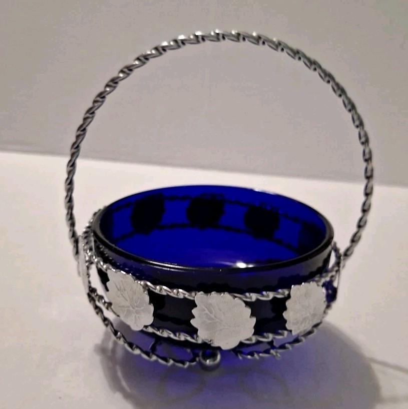 Vintage Cobalt Blue Condiment Server/ Candy Dish With Silver tone Caddy READ