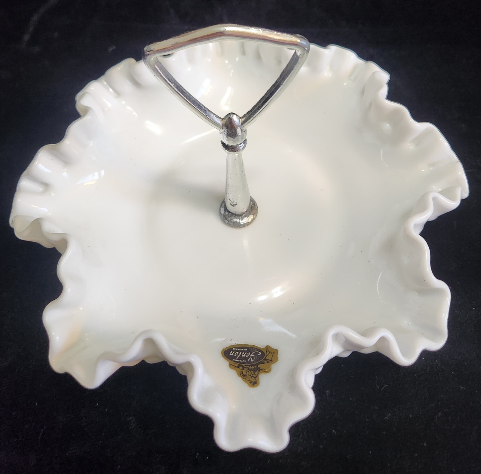 Vintage Original Sticker 5 in. Fenton White Hobnail Candy Trinket Dish Handle