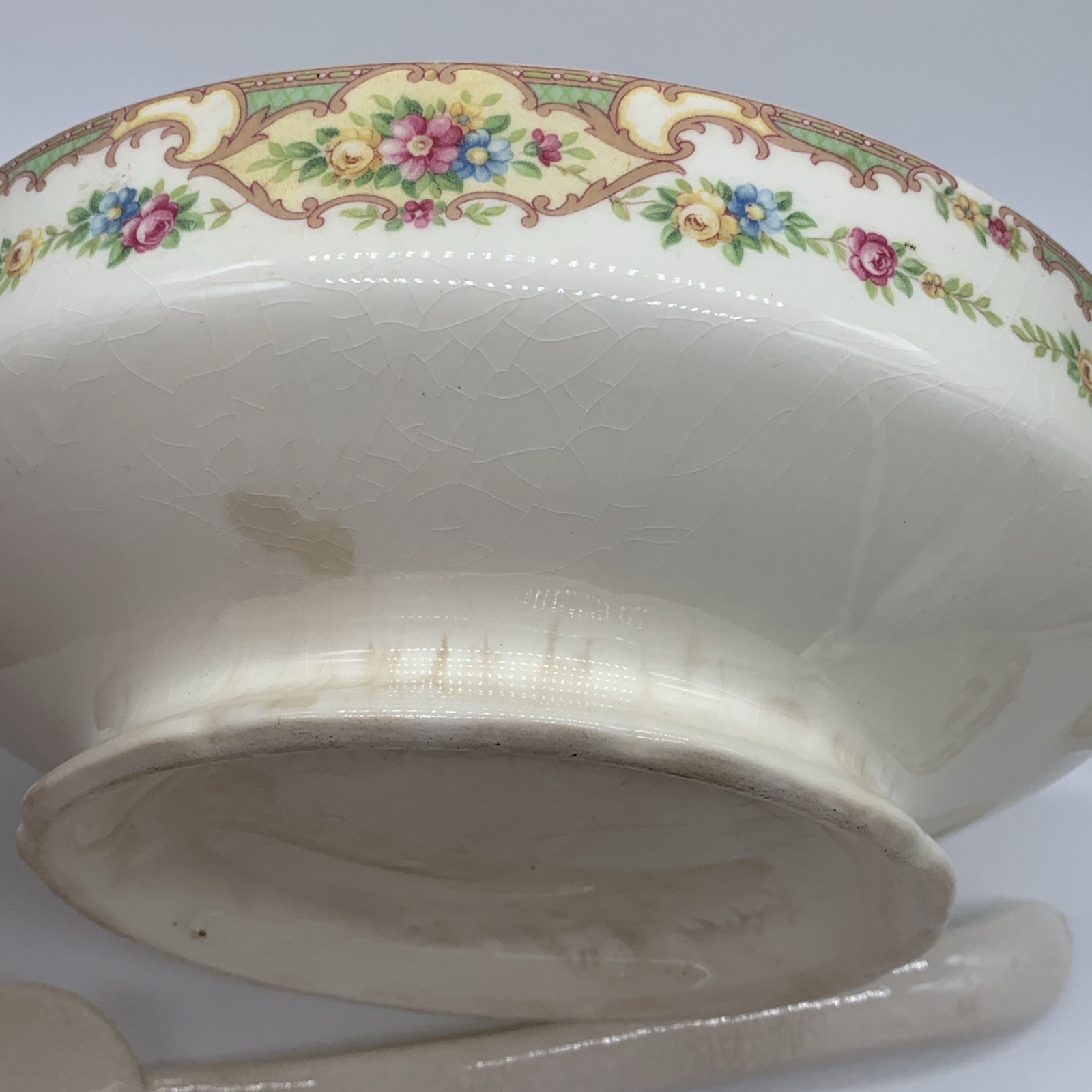 Vintage Ceramic Covered Vegetable Mildred Style, Ladle, Aged Prominent Crazing