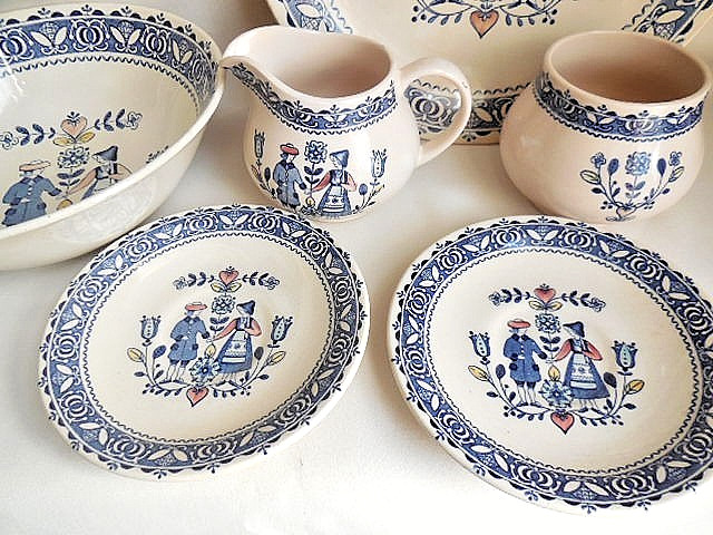 Staffordshire Old Granite Hearts Flowers Saucers + Creamer & Sugar +Serving Bowl