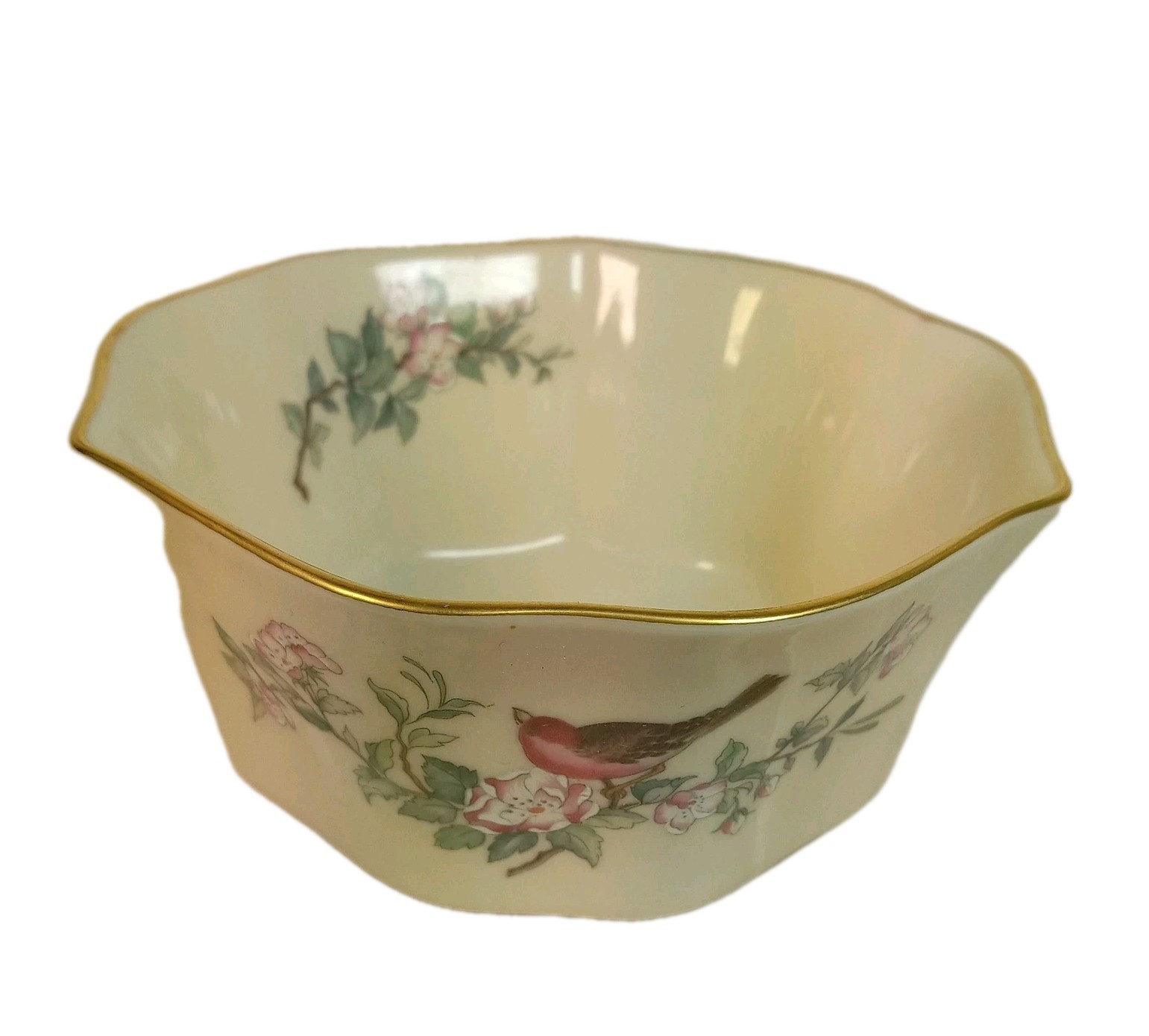 Lenox SERENADE Bowl Porcelain Birds Pink Flowers Gold Trim 5″ FLARED GOLD Trim
