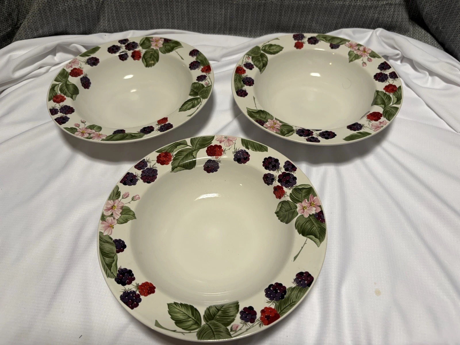Three (3) Tienshan Stoneware Raspberry Social Rimmed 8 1/2” Soup Cereal Bowls