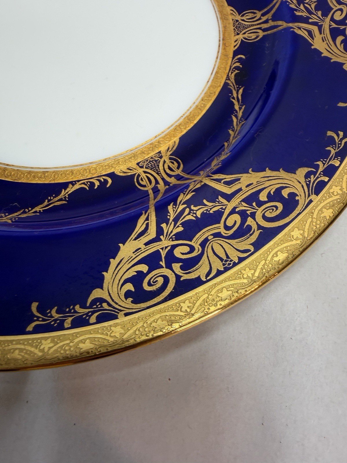 Antique Minton Porcelain 2 Dinner Plates w Raised Cobalt Blue Gold Rim 10 1/8 in