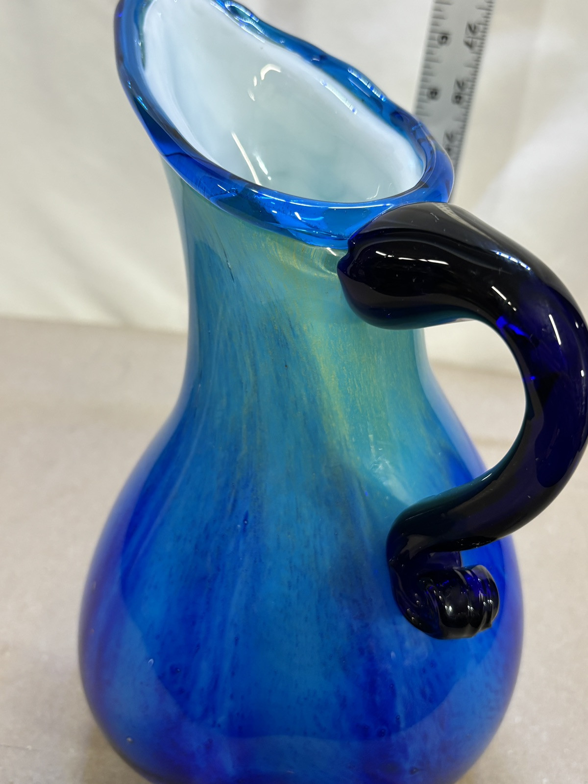 Hand Blown Murano 3 Sided Cased Cobalt Blue to Yellow Glass Pitcher