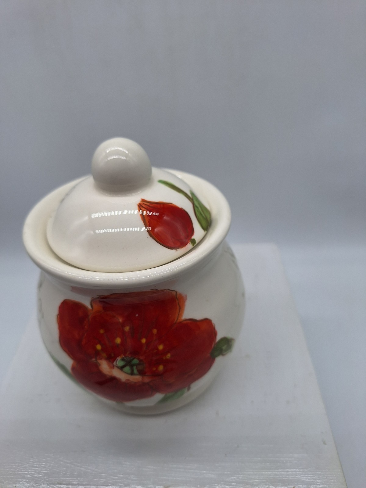 Maxcera Red Poppy Sugar Bowl with Lid Pottery Retired 5 1/2 inches