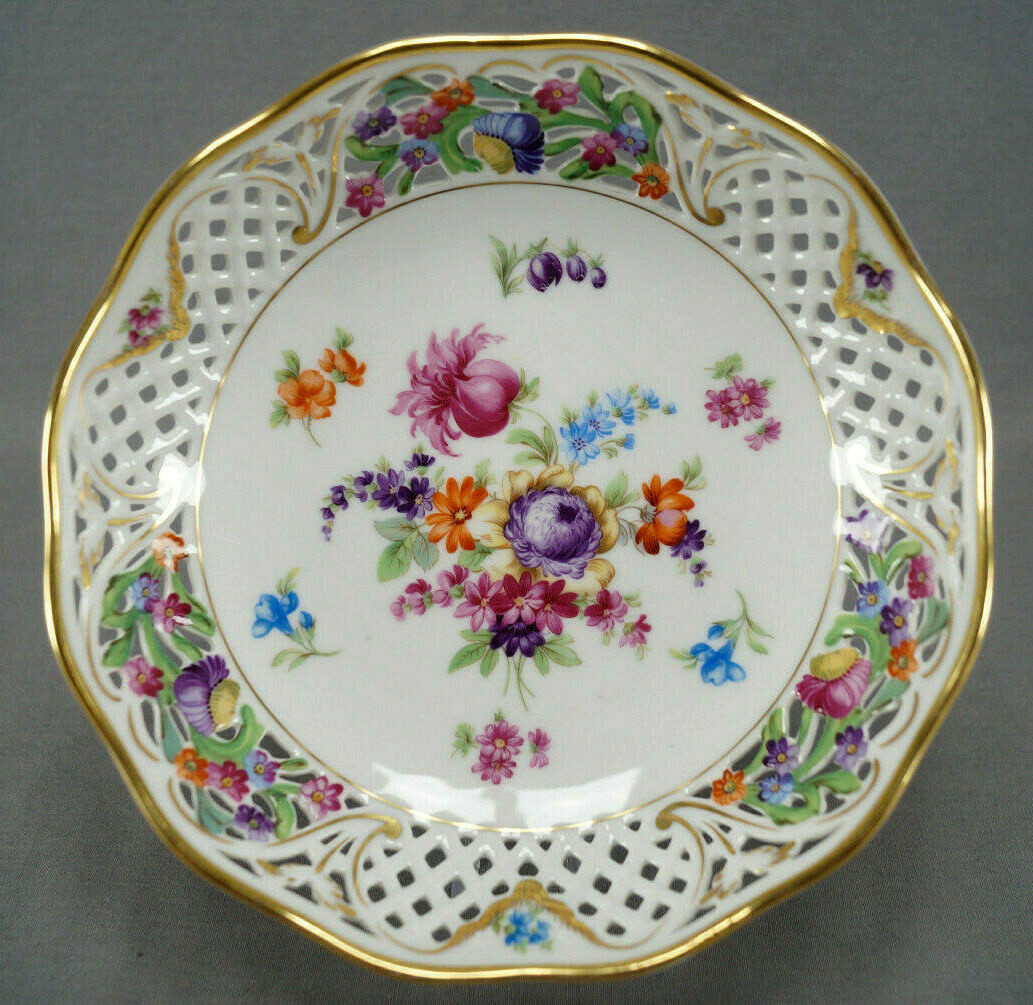 Carl Schumann Dresden Flowers & Gold Reticulated 8 1/8 Inch Bowl Circa 1932-1944