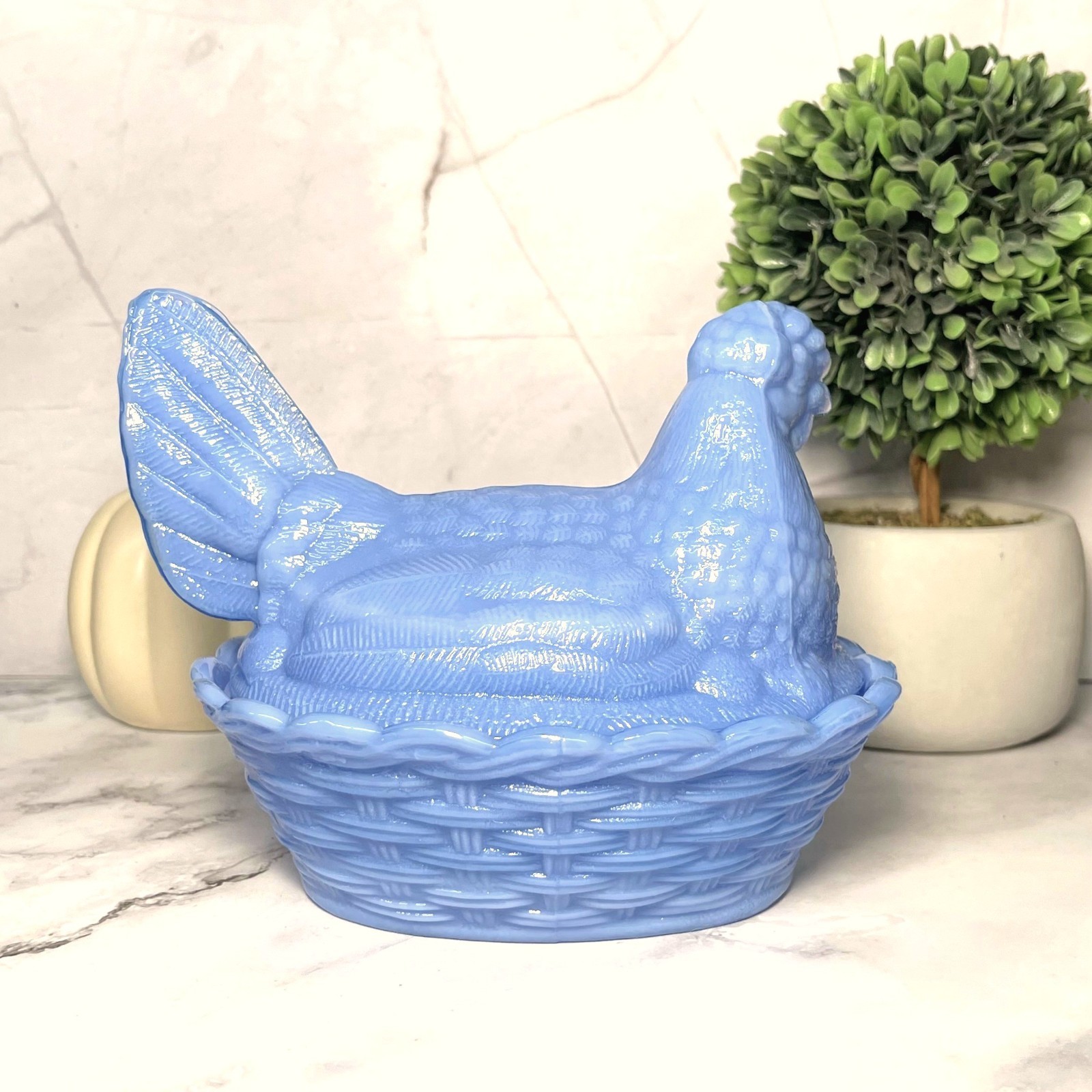 Hen on Nest Chicken Periwinkle Blue Depression Style Glass Candy Dish, VTG Style
