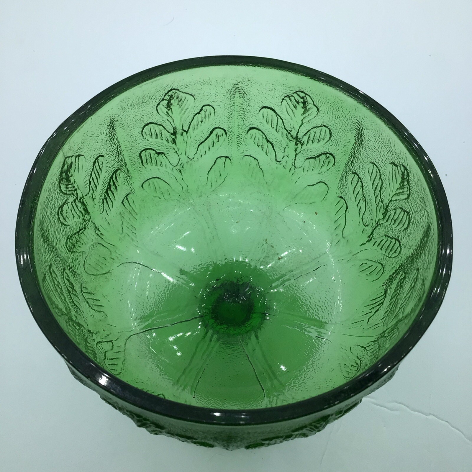 FTD Green Glass Vintage Pedestal Bowl Impressed Oak Leaf Design