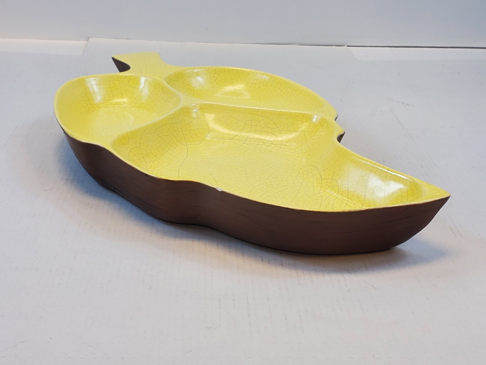 Vintage Ceramic Pottery Oblong Leaf Shaped Yellow Brown Serving Handmade Dish