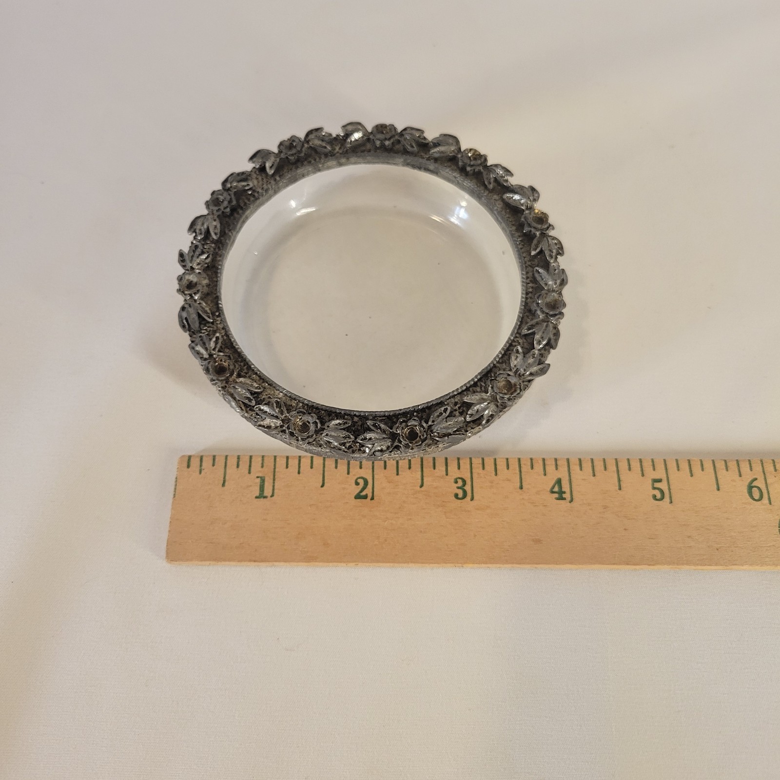 Vintage Clear Glass Ring Dish with Decorative Metal Flower Border