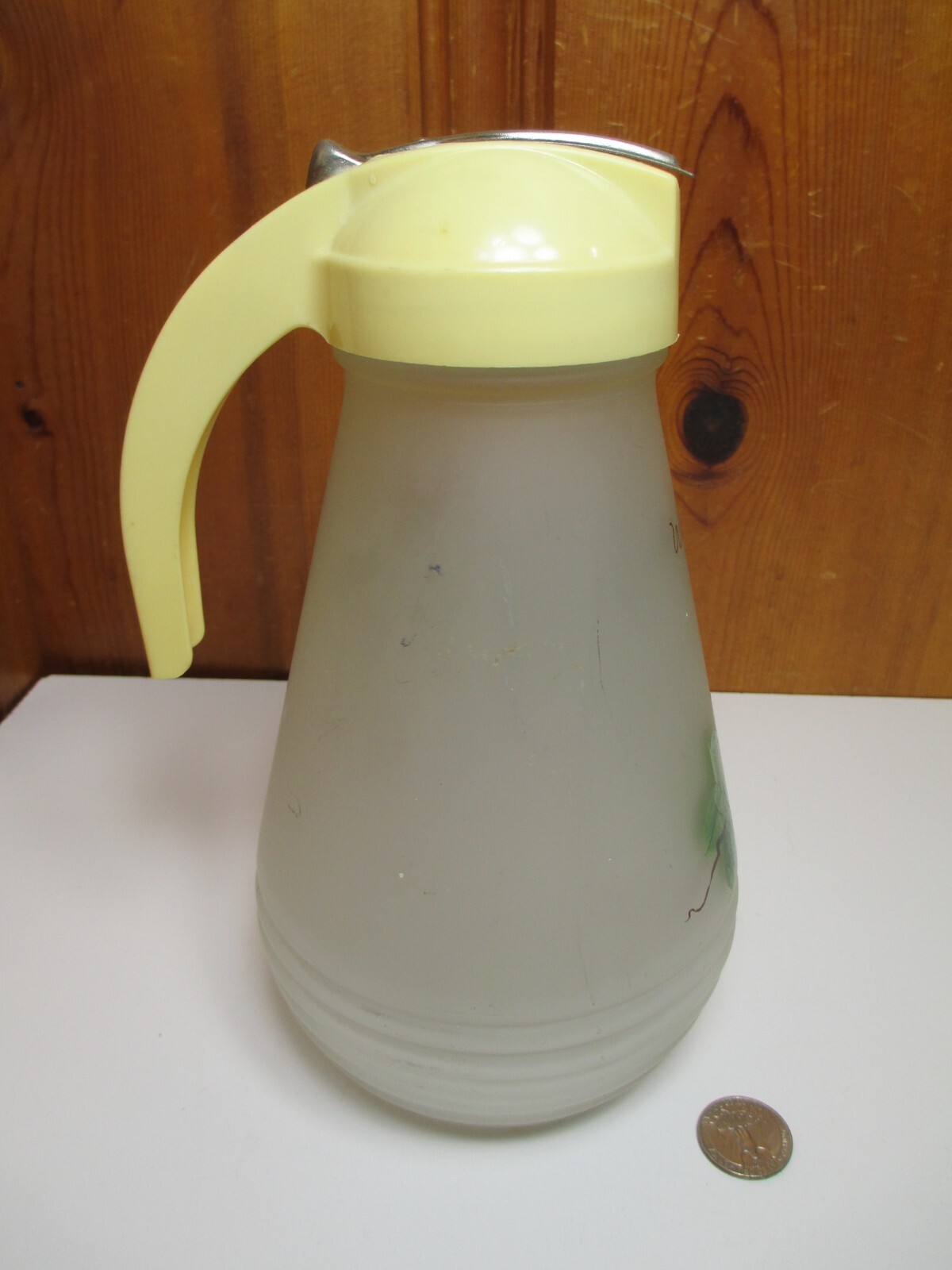 Vintage Hazel Atlas Frosted Glass Waffle Batter Syrup Pitcher Green Vines Lid