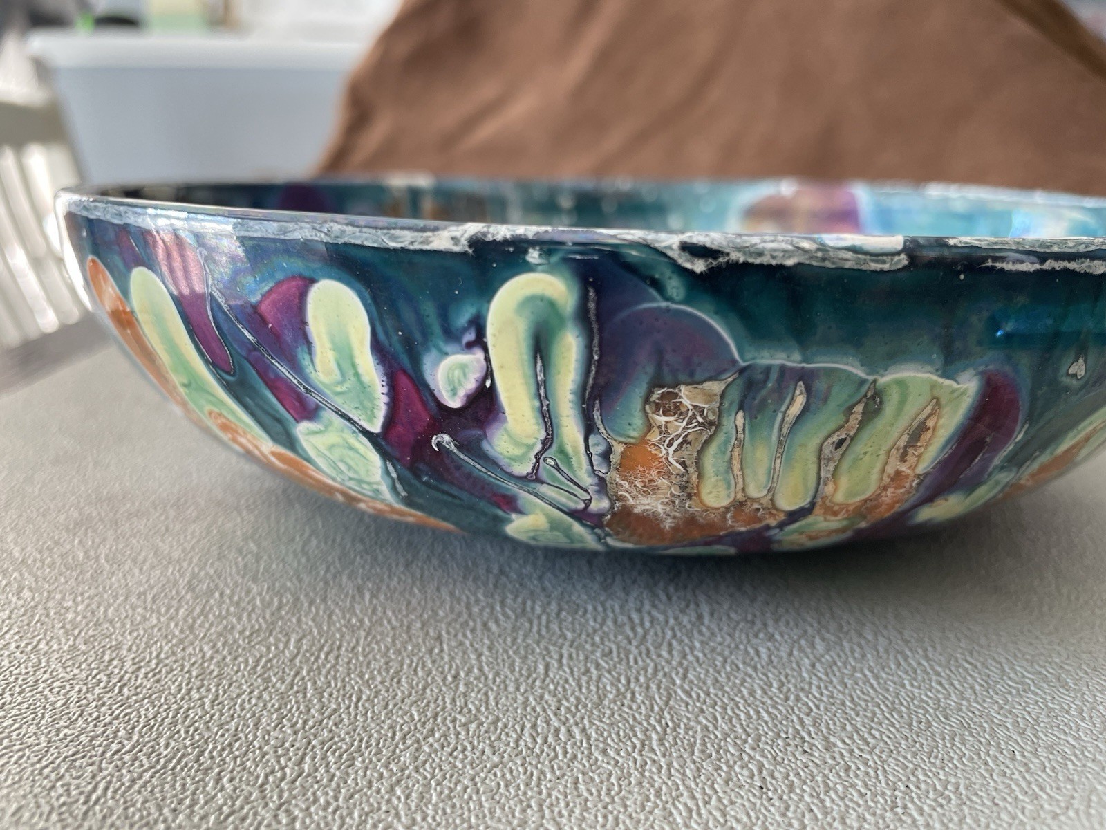 8” Vintage Abstract Swirl Orange Yellow Green Grey Blue Enamel Bowl