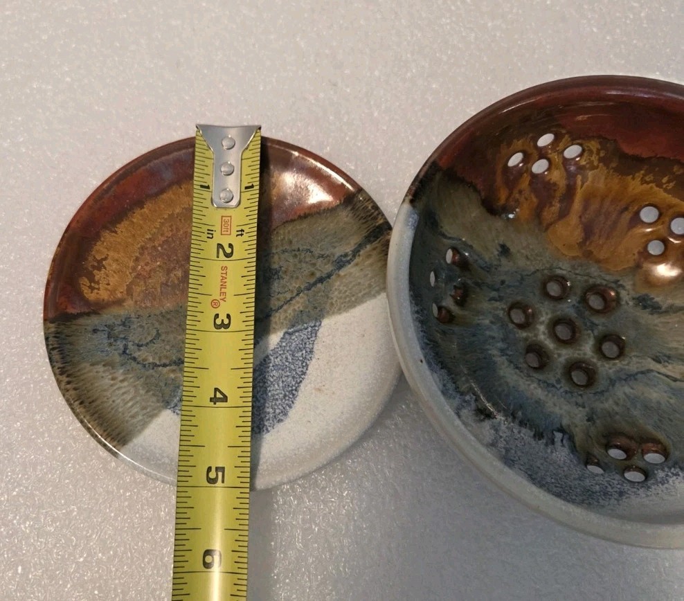 Hand Thrown Pottery Earth Tones Colander Berry Bowl Strainer & Under Plate 5.5″