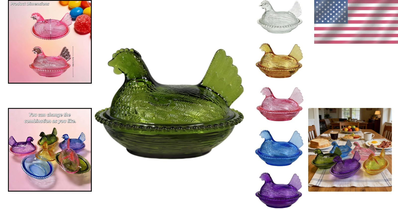 Green Hen on Nest Candy Dish with Lid | Large Pedestal Unique Candy Bowl for Sna
