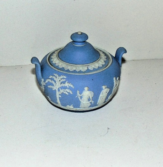 Vintage Wedgwood Blue Jasperware Lidded Sugar Bowl Classical Relief England