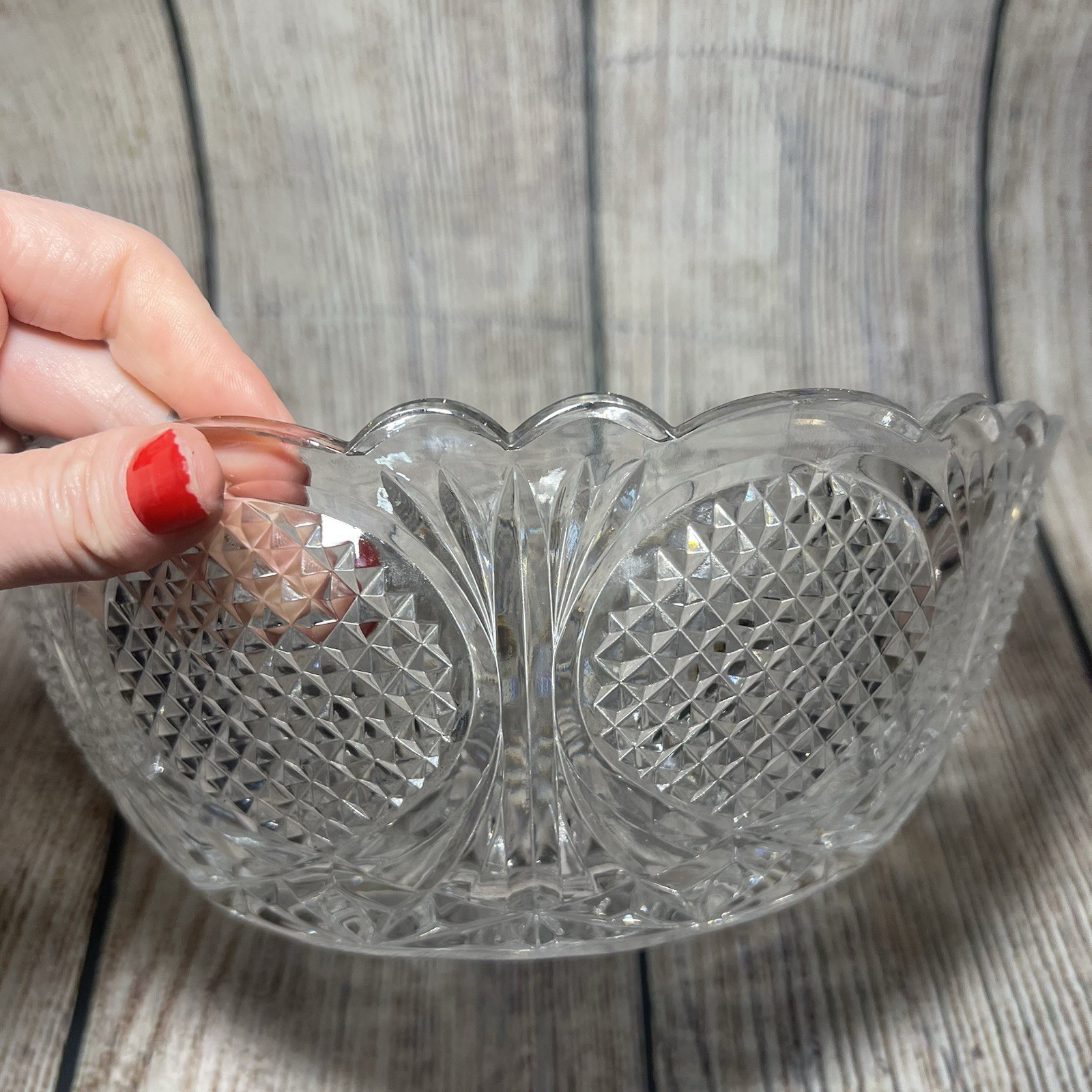 American Brilliant Period Cut Glass Crystal Bowl 9″ Scalloped Intricate ABP