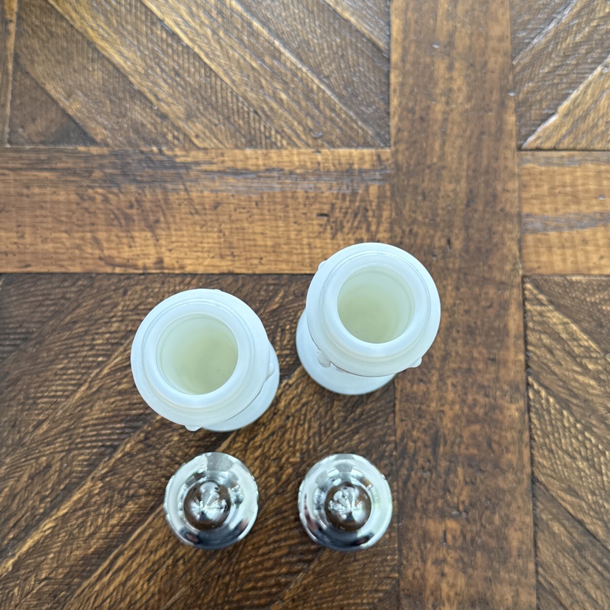 Westmoreland Salt and Pepper Shaker Bead Cable Grape Leaf White Milk Glass