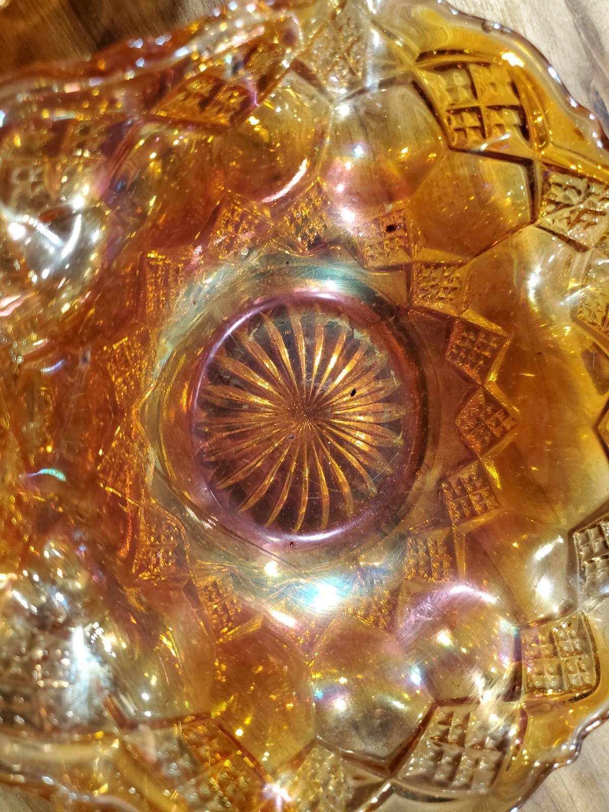 2 Imperial Marigold Carnival Glass Bowl Dish Frilled Edge Diamond Hexagon Shapes