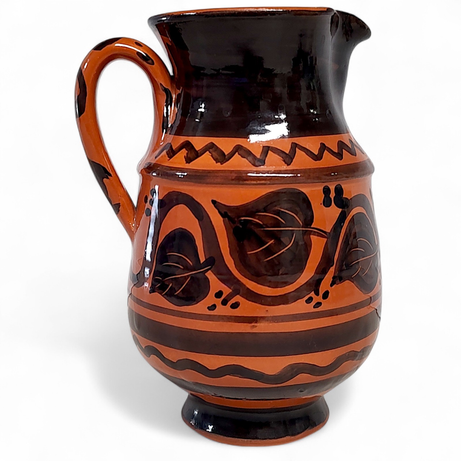 Hand Thrown Terracotta Glazed Pottery Pitcher Orange/Black Hand Painted 6″