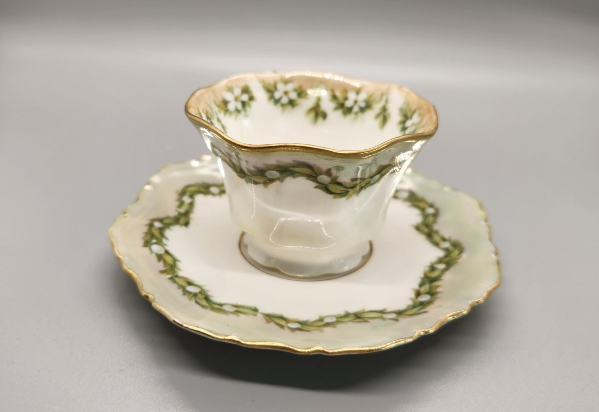 Antique R.S. Prussia (Red Mark) Small Teacup & Saucer Green Floral Garland C1900