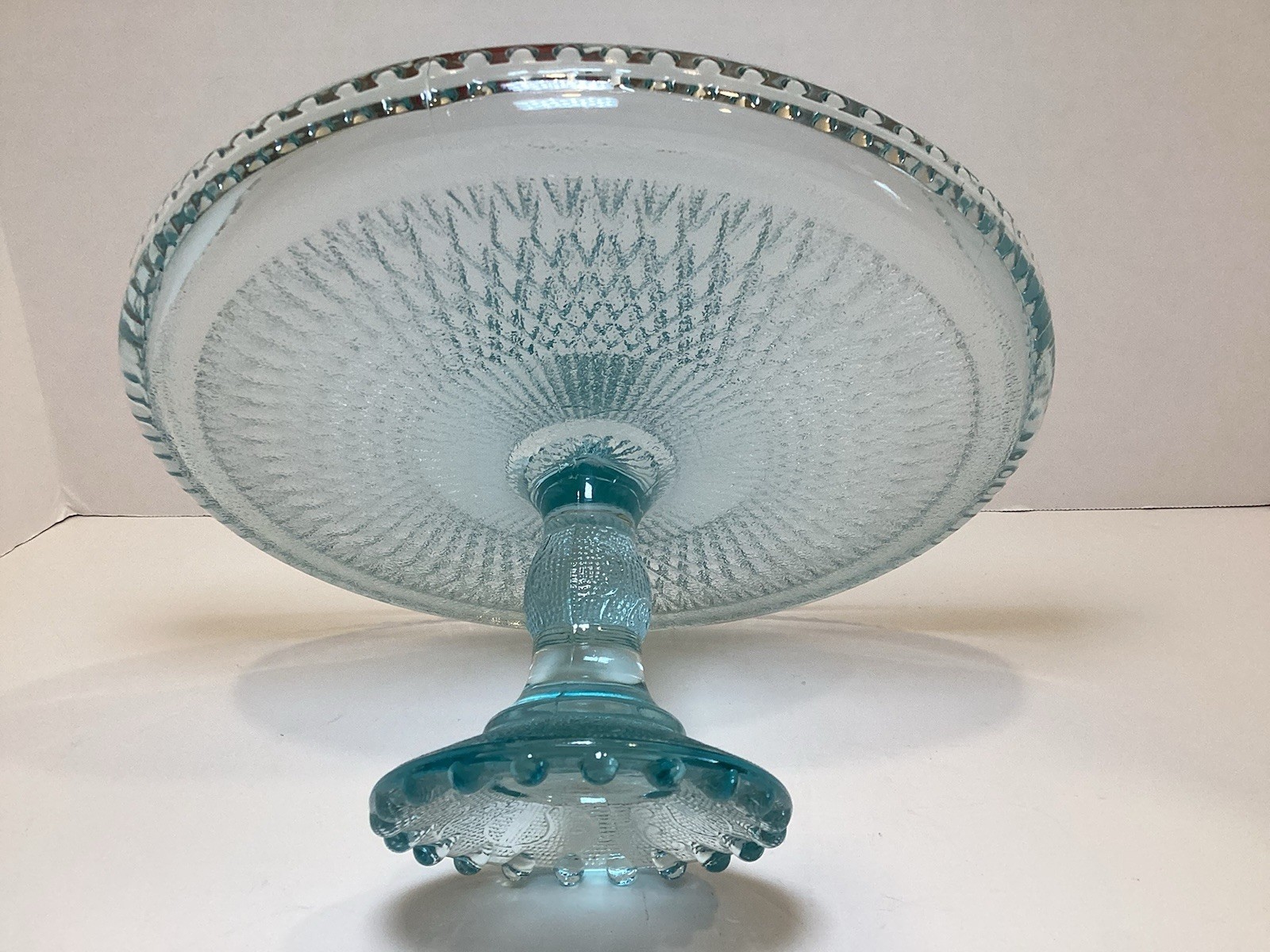 Jeannette Ice Blue Glass Harp Beaded Edge Pedestal Cake Stand 10” **READ**