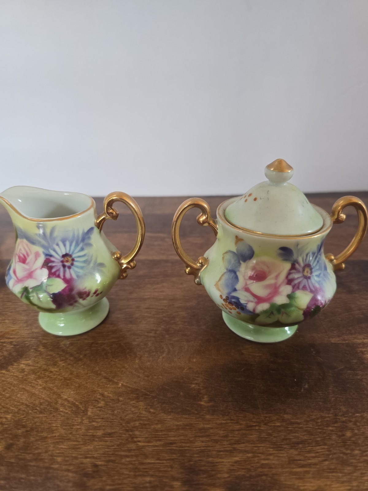 Vintage Japan Floral Sugar Bowl And Creamer Set Hand Painted Flowers