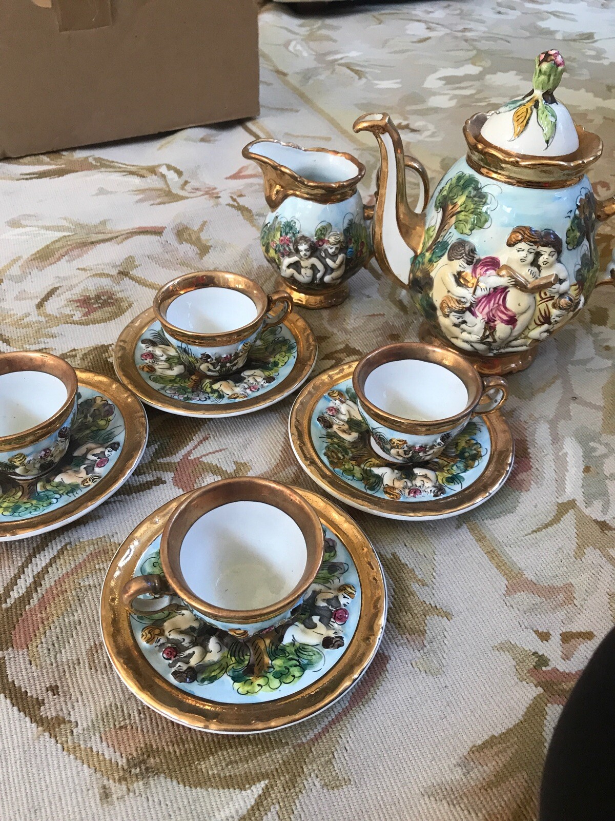 Vintage Capodimonte Italy Cherub & Music Demitasse Espresso Tea Set 15 Pcs NICE!