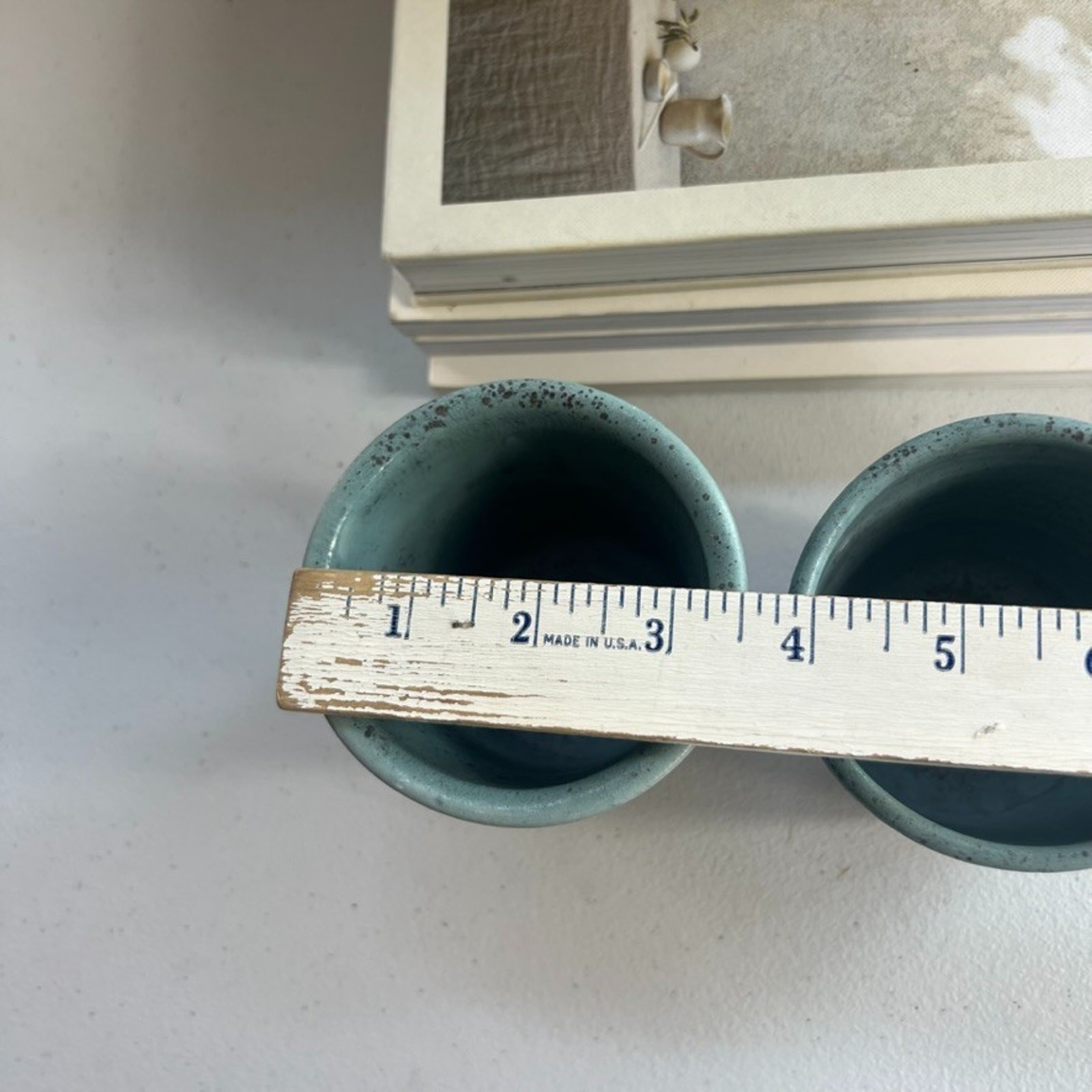 Unmarked Stoneware Tumbler Cups Speckled Blue Etched Tree Design Set of 2