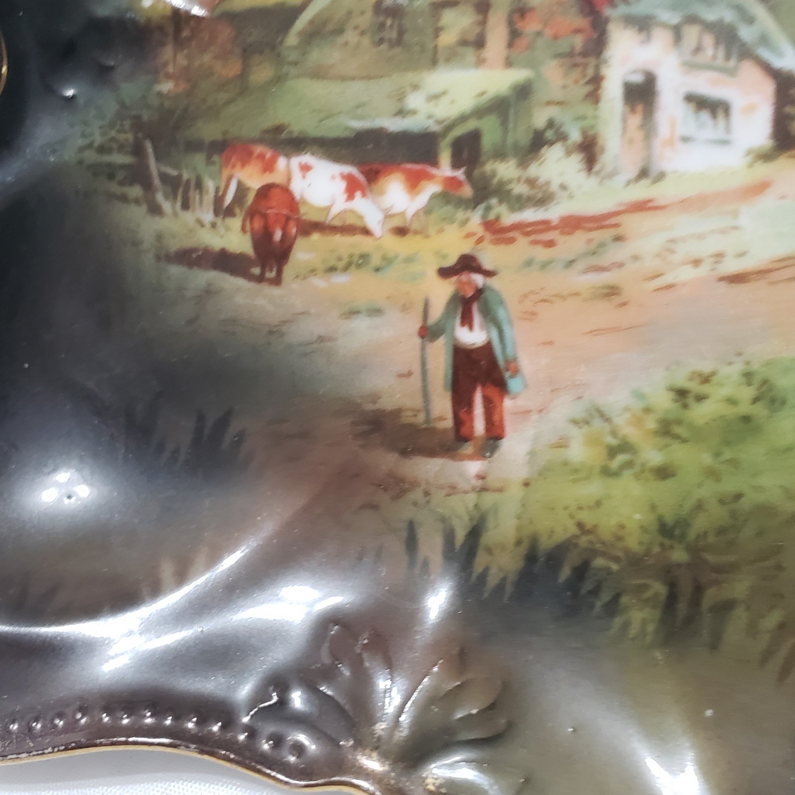 Antique Porcelain R S PRUSSIA Farmer Farm Cows Scenic Dresser Tray