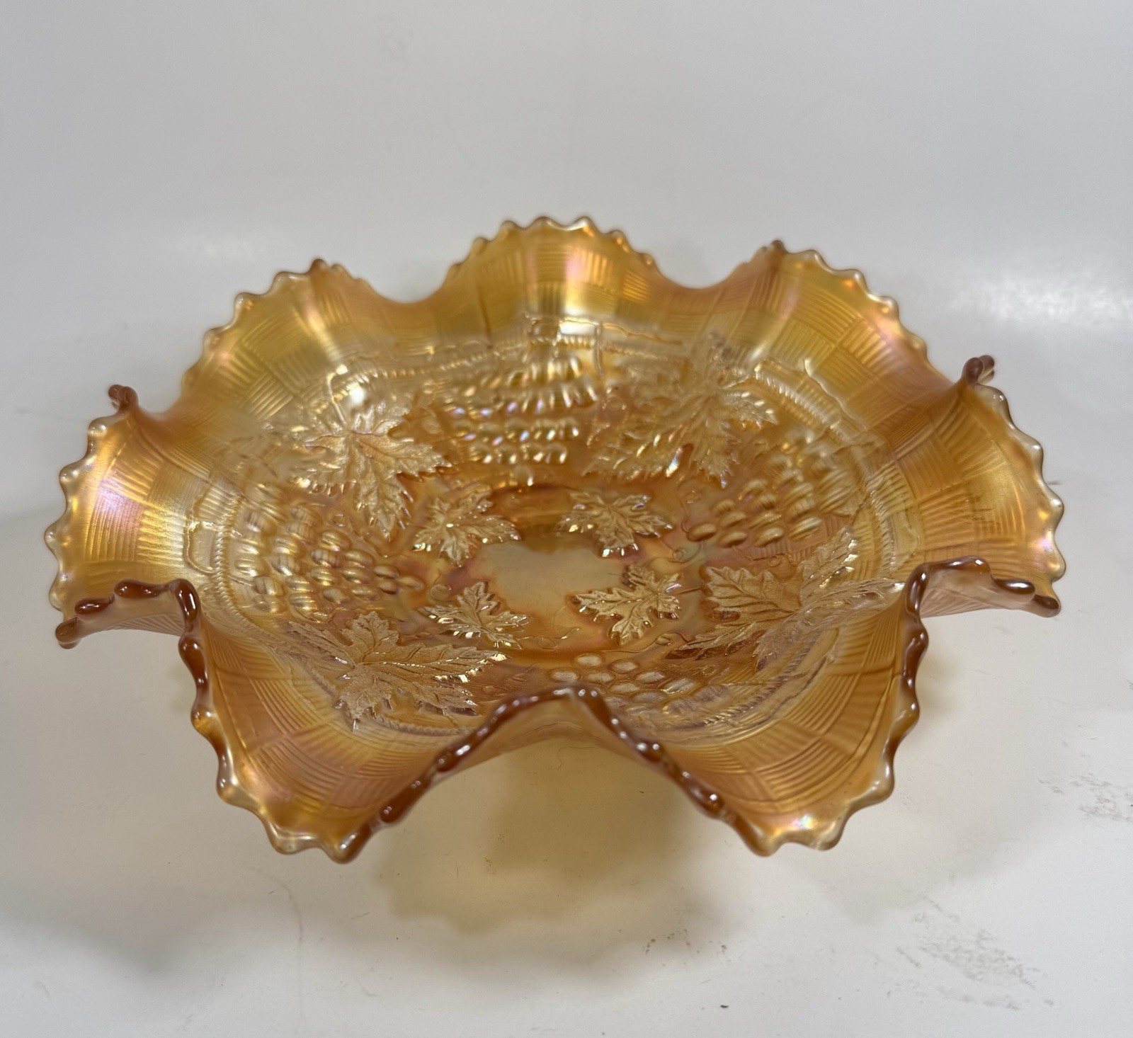 Northwood Bowl Carnival Glass Marigold Grape & Cable Ruffled Vintage 8.5”