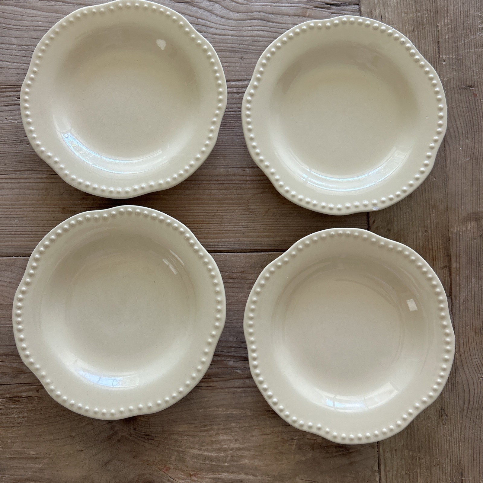Lot Of 3 Pottery Barn Emma Beaded Stoneware 8 3/4” Plates Scalloped Rim Yellow