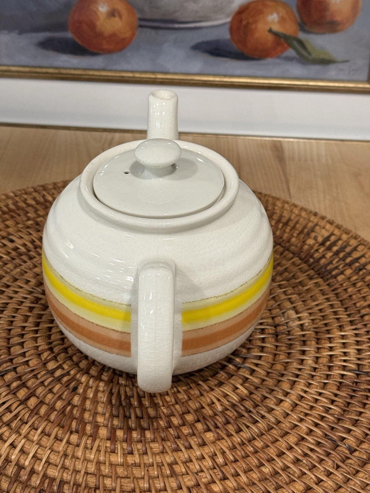 Vintage Teapot Tea Pot Stoneware Japan w/ Lid Ceramic Pottery Orange Stripe