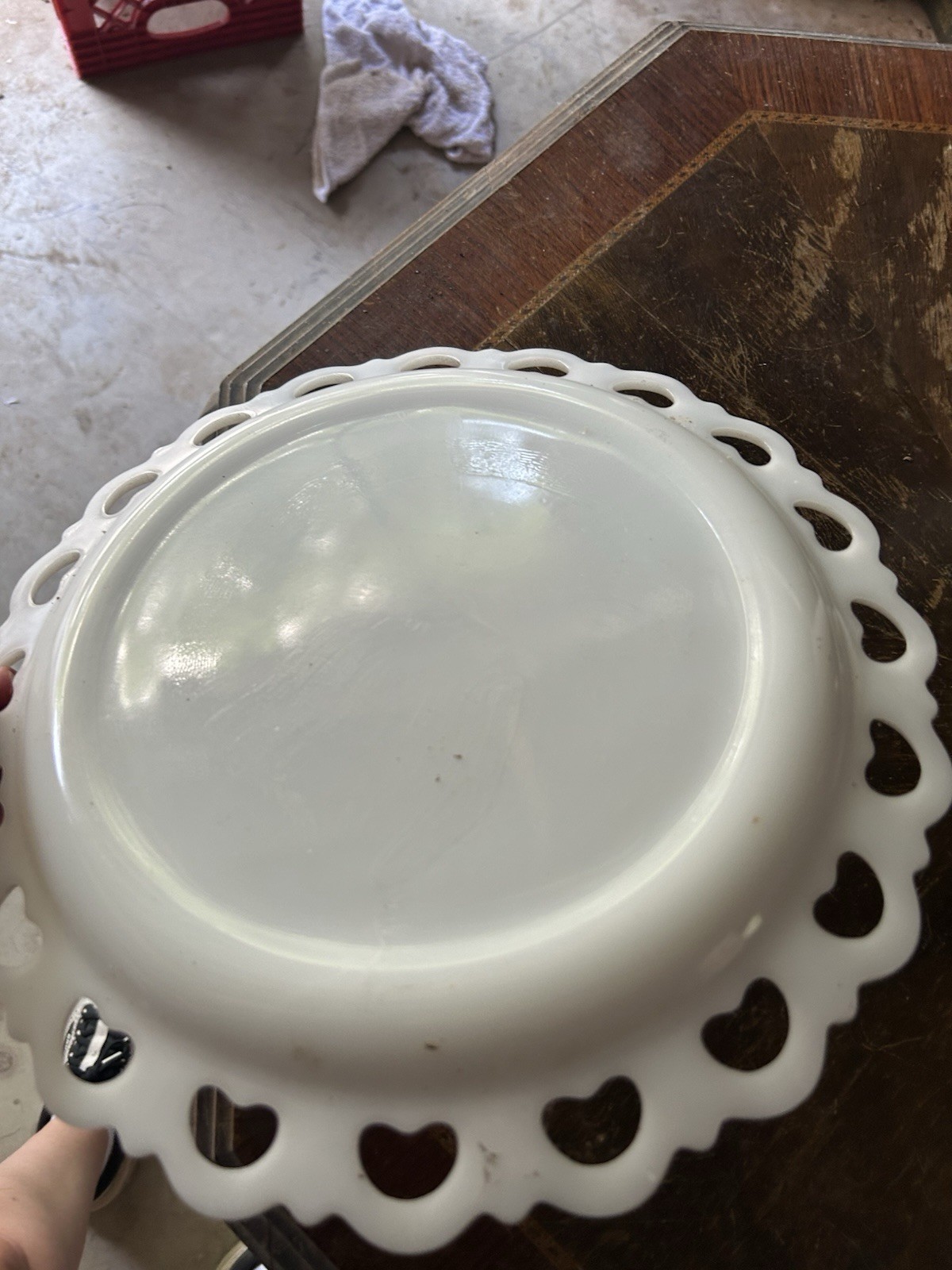White Milk Glass Round Platter, Openwork Heart Lace Rim, Glossy Finish