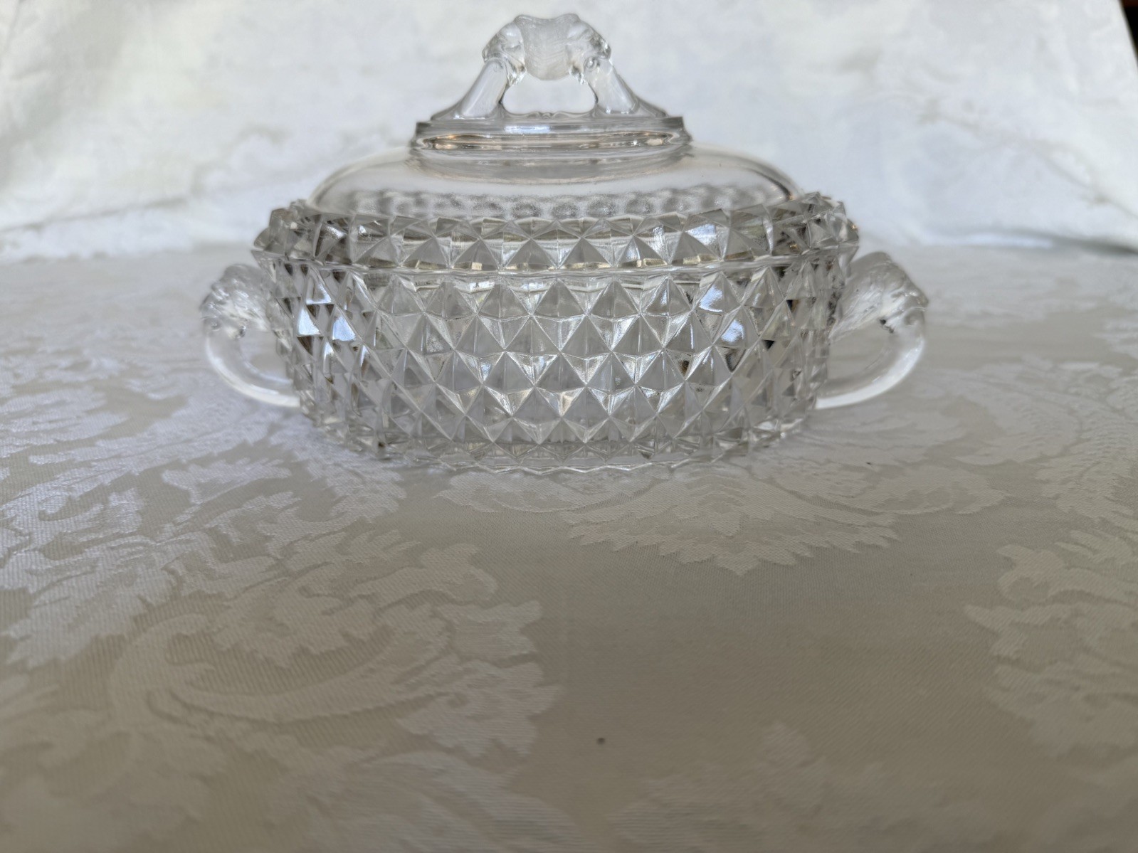 EAPG small serving dish w/lid. Lion handles. Bryce Bros. AMAZON pattern. c. 1890