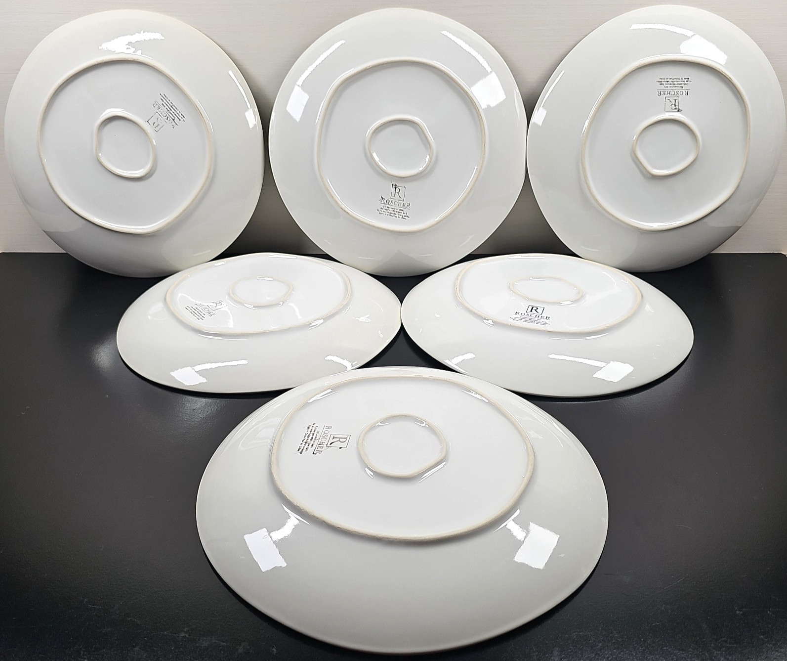 6 Roscher Crackle Glass Green Dinner Plates Set Elegant Stoneware Table Dish Lot