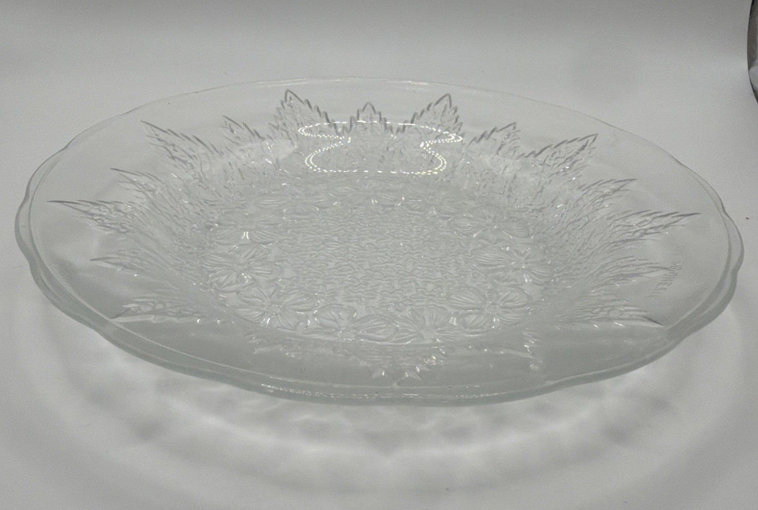 KIG Vintage Indonesian Butter Plate 6″ Clear Etched Glass Flowers Leaves