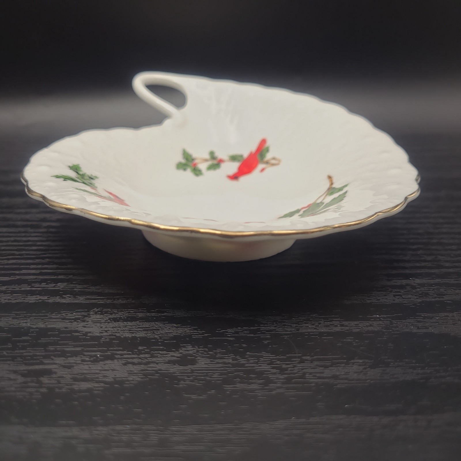 Vintage 1988 Lefton Bone China Red Cardinals & Holly Trinket Dish