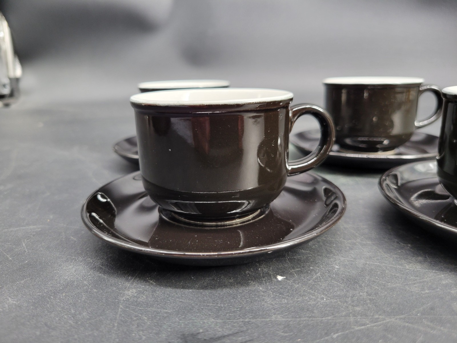 4 Black Glazed 2 1/8″ Teacup/Coffee Cup w/ Four 5″ Saucer Sets 8-Pieces Total
